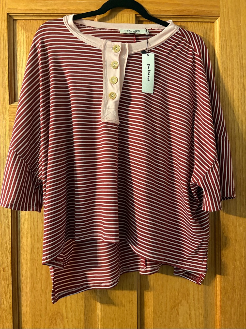 Three Bird Nest Red and White Striped Henley Top